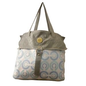 Coach Signature Op Art Print Tote Bag Gray Leather Trim Shoulder Handbag Purse